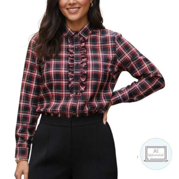 Talbots Womens Ruffle Button Shirt Stretch Woven Red Black Tartan Plaid Size 16 - Picture 1 of 12